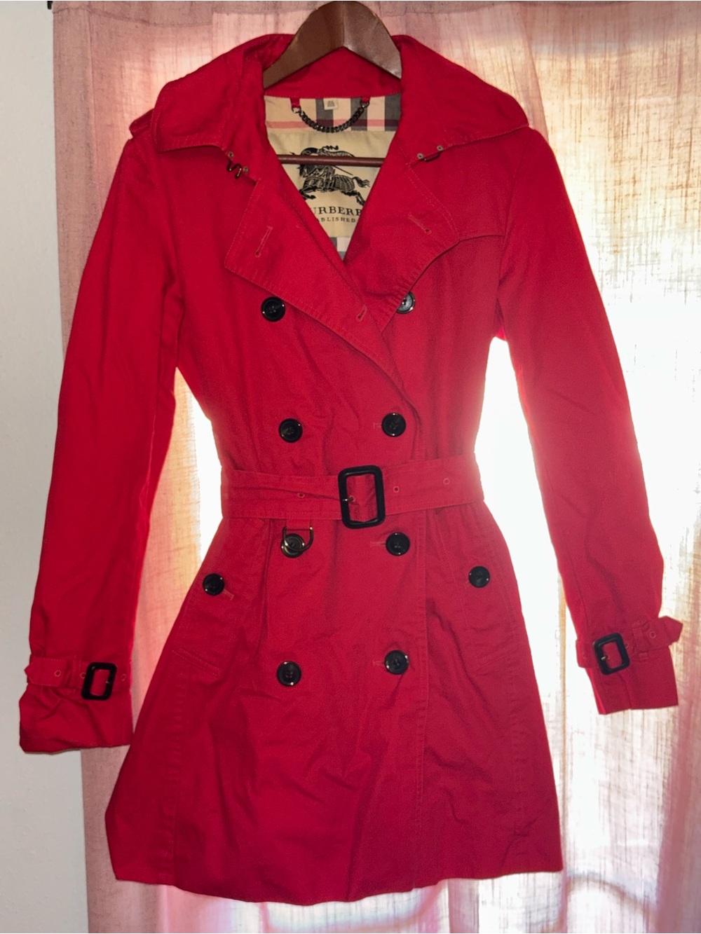 Burberry Red Double-Breasted Trench with Belted Waist